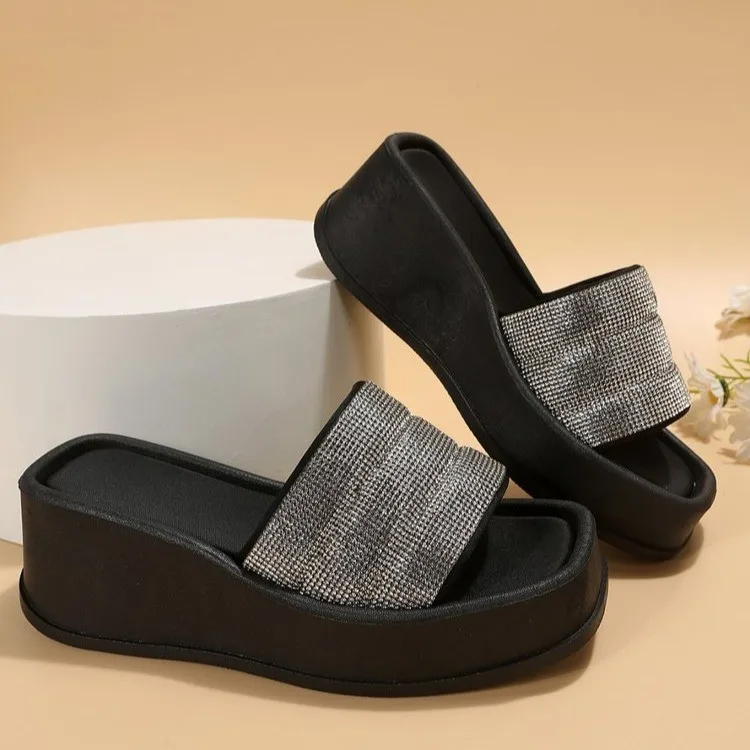 2023 Women's Slippers New Wedge-heeled One-line Rhinestone Sandals Women's Fashion Square Head Simple Beach Slippers
