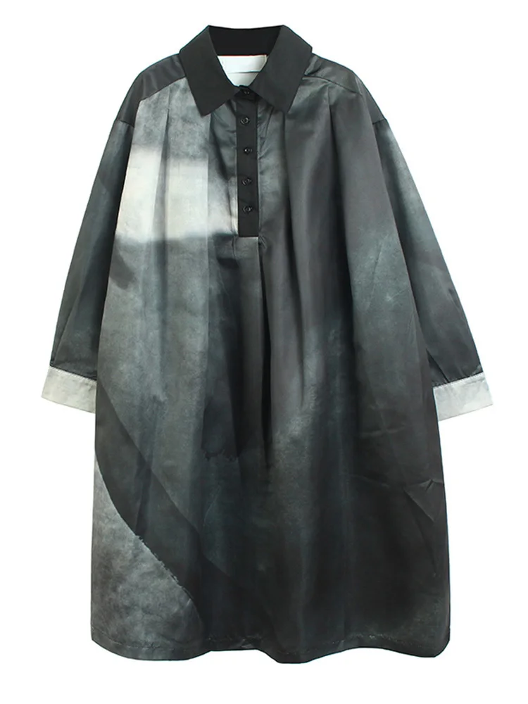 

Женское длинное платье-рубашка с принтом, черное свободное платье большого размера с отложным воротником и длинным рукавом, модель 2023 года, M442