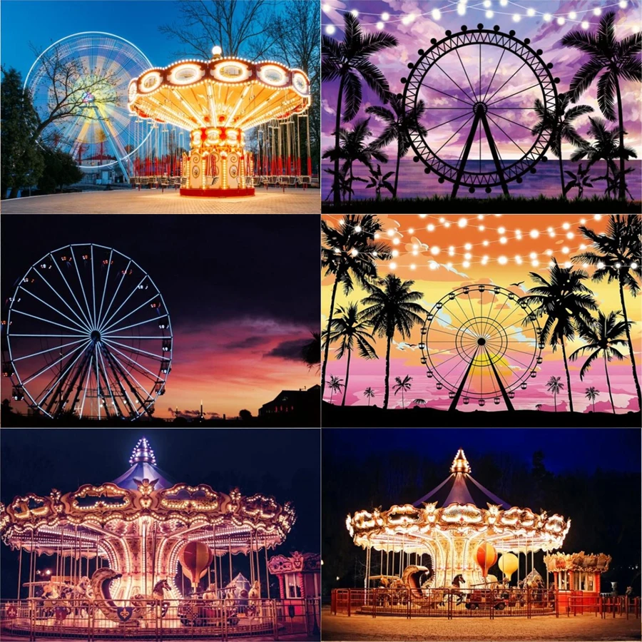 

Happy Birthday Carousel Horse Photography Backdrop Baby Party Decor Banner Photocall Background Playground Ferris Wheel Poster