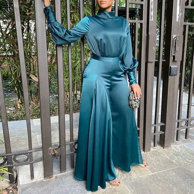 

Spring Long Sleeve Mock Neck Wide Leg Jumpsuits VONDA Women Long Playsuits Solid Color Palazzo Pants Pantalon Office Overalls