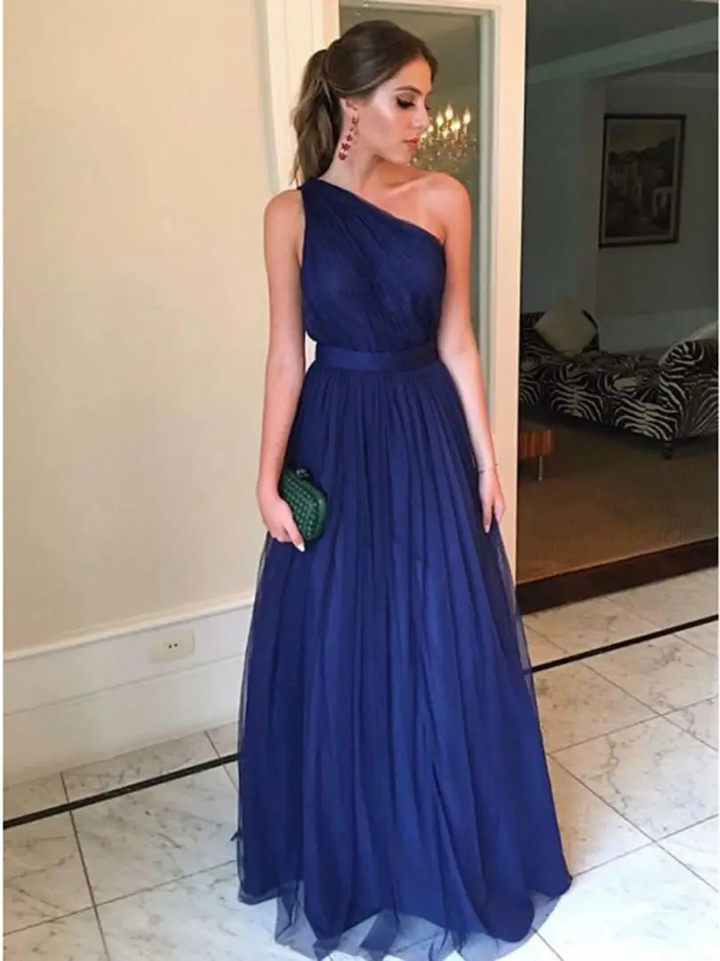 

formal dress One Shoulder Navy Blue Prom Dresses 2019 Simple Style vestidos robe de soiree Floor Length Evening dress For Women