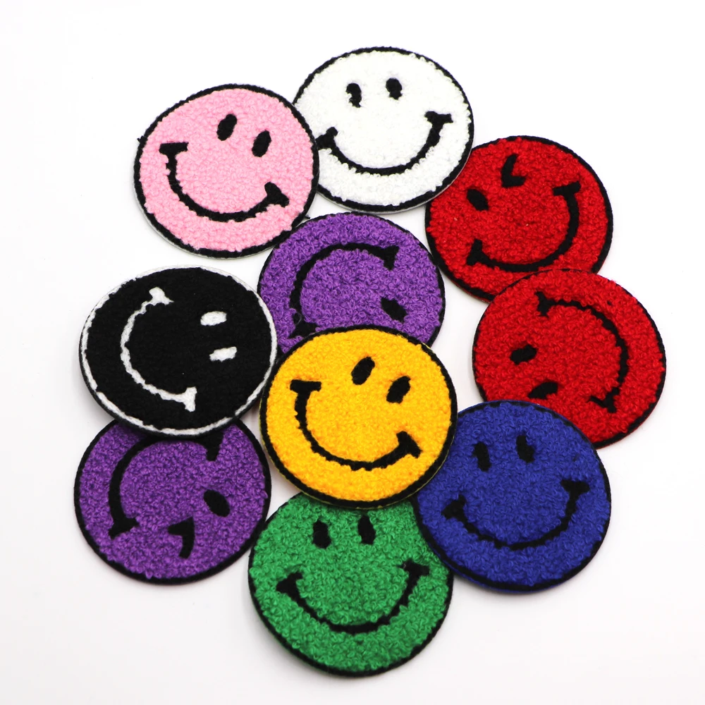 

5PC/lot Smile Round Patches Towel Chenille Embroidery Garment Applique Iron On Patch For Clothing Supplies Decorate Accessories