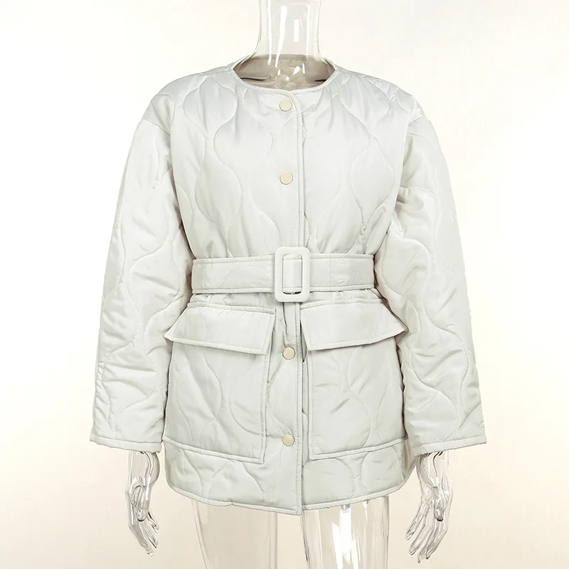 White Winter Parkas Women Casual Round Neck Textured Loose Long Jacket Female 2022 Thick Warm Large Pocket Cotton Coat With Belt