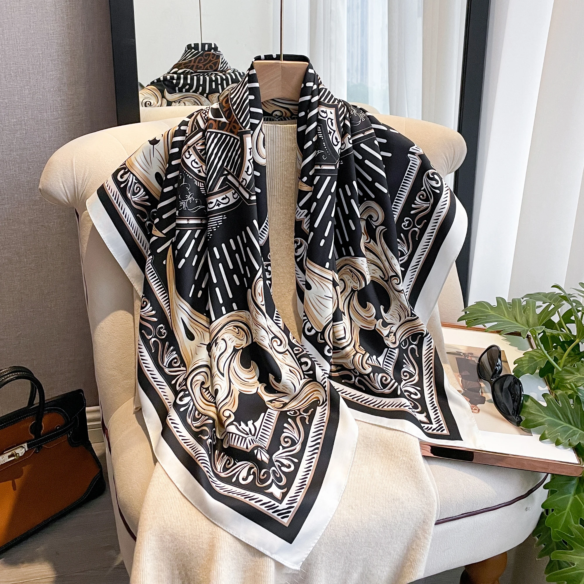 90*90 см шелковые шарфы женские саржевые с принтом квадратная голова хиджаб