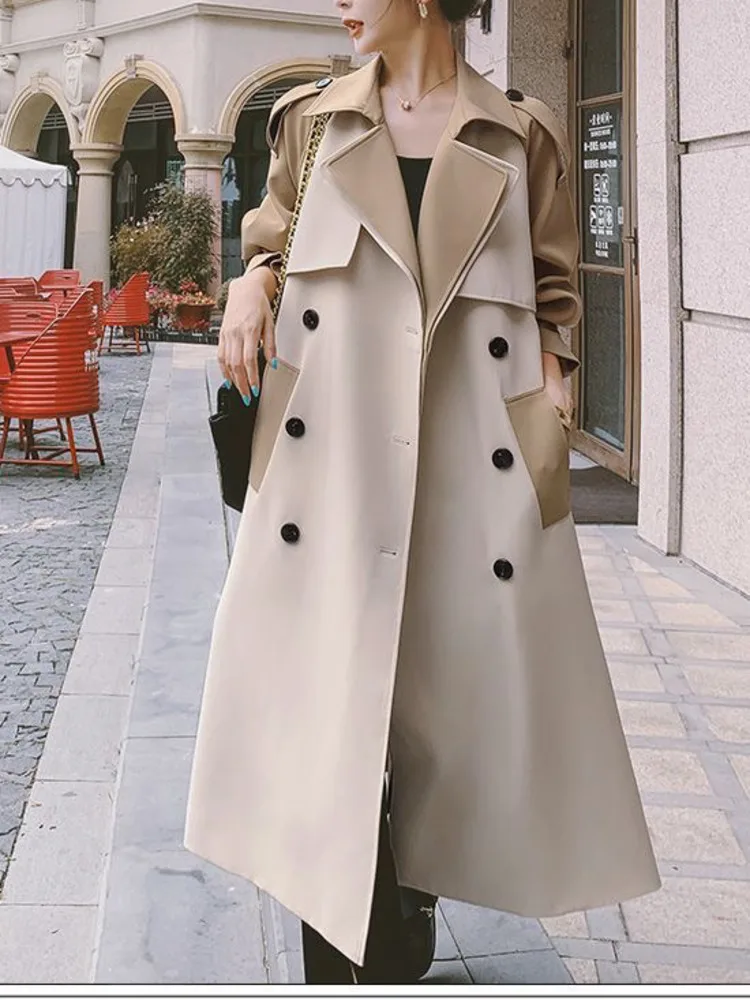 Korean Windbreaker Female Trench Coats Korean Style Double Button Patchwork New Long Sleeves Autumn Winter Women Outerwear
