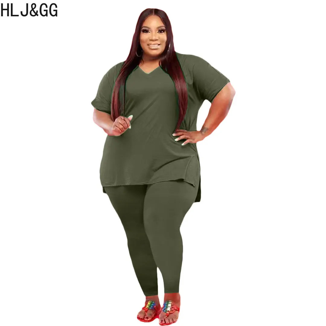 HLJ&GG Casual Solid Color Matching Tracksuits Plus Size Women V Neck Short Sleeve Top And Skinny Pants Two Piece Sets Outfits