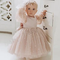 luxury light pink pearls christmas princess flower girl dress baby birthday party gowns first communion vestido de big bow
