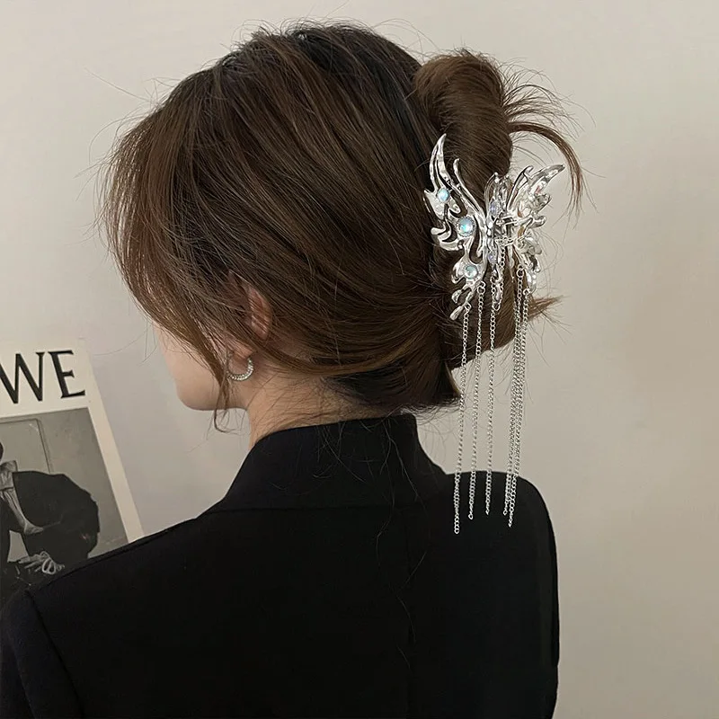 

New Ins Korean Female Moonstone Cool and Handsome Butterfly Tassel Metal Shark Clip Crab Hair Clip for hair Woman Hair Accessory