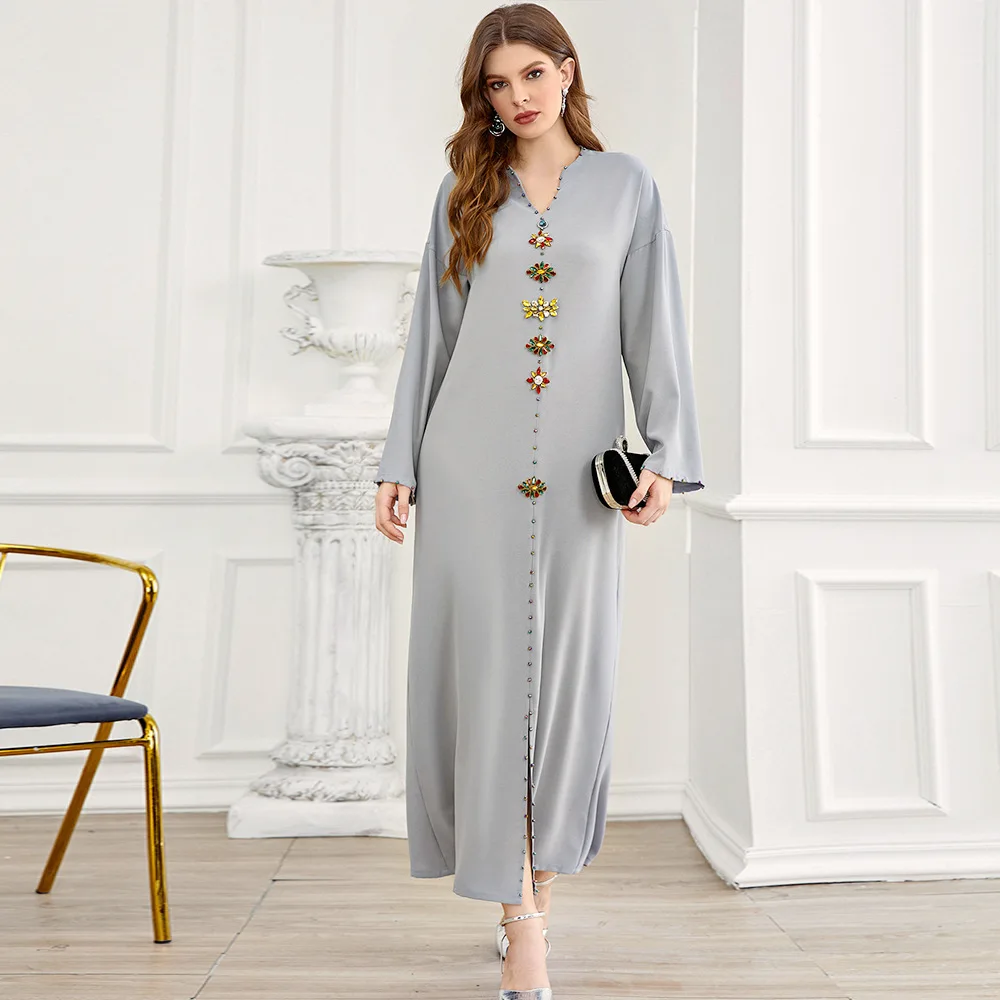 Женское платье из муслина, однотонное платье в стиле пэчворк с длинным рукавом и V-образным вырезом, платье среднего Восточного стиля для ве...