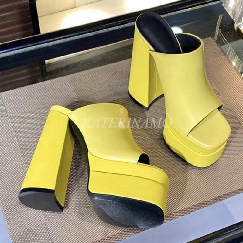 

2022 New Arrival Platform Women Party Slippers Thick Sole Real Leather Open Toe Super High Heel Runway Mules Fashion Chunky Heel