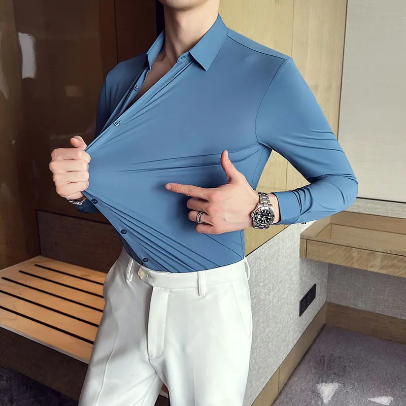 

High Grade Elasticity Shirt Men Fashion Business Long Sleeve Formal Social Mens Shirts Drape Solid Color Chemise Homme De Luxe
