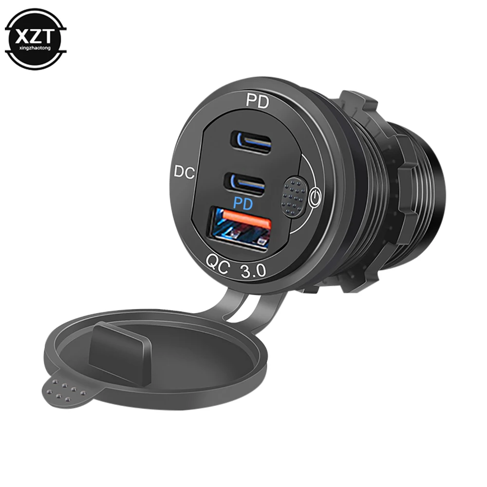 

Dual PD Type C Ports 18W QC3.0 USB Quick Car Charger Port Socket Outlet Adapter with Power Switch for Car Boat RV Marine ATV