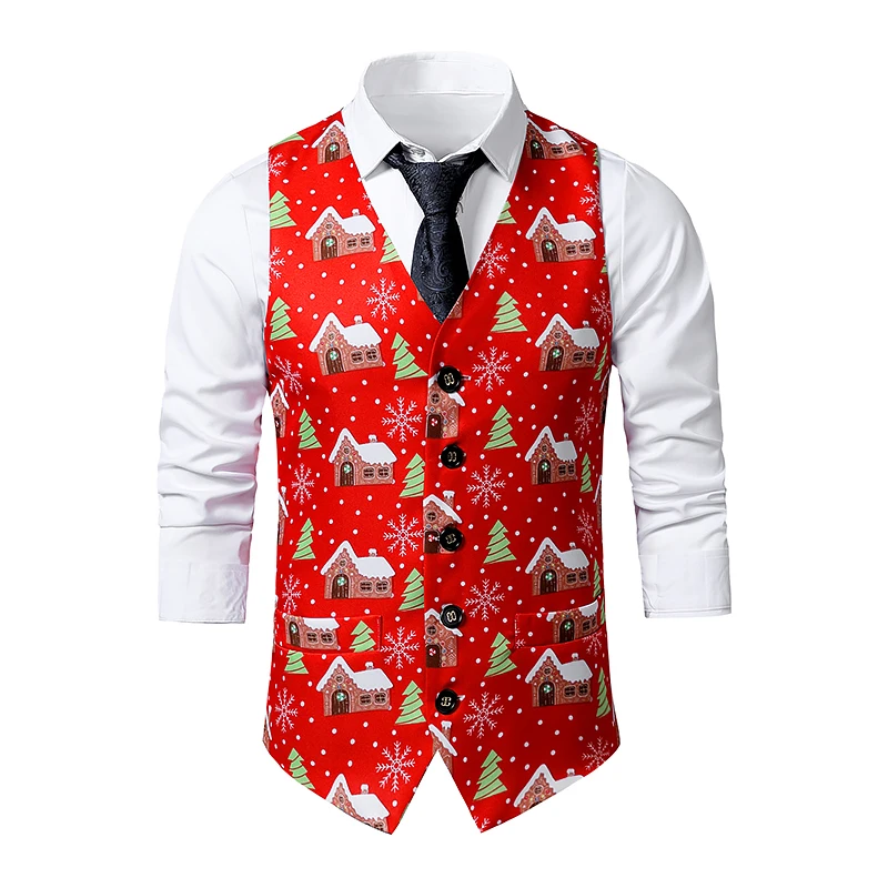 

Red Vest Christmas Printed Vests Chalecos Blazer Hombre Vests Gilets Sans Manches