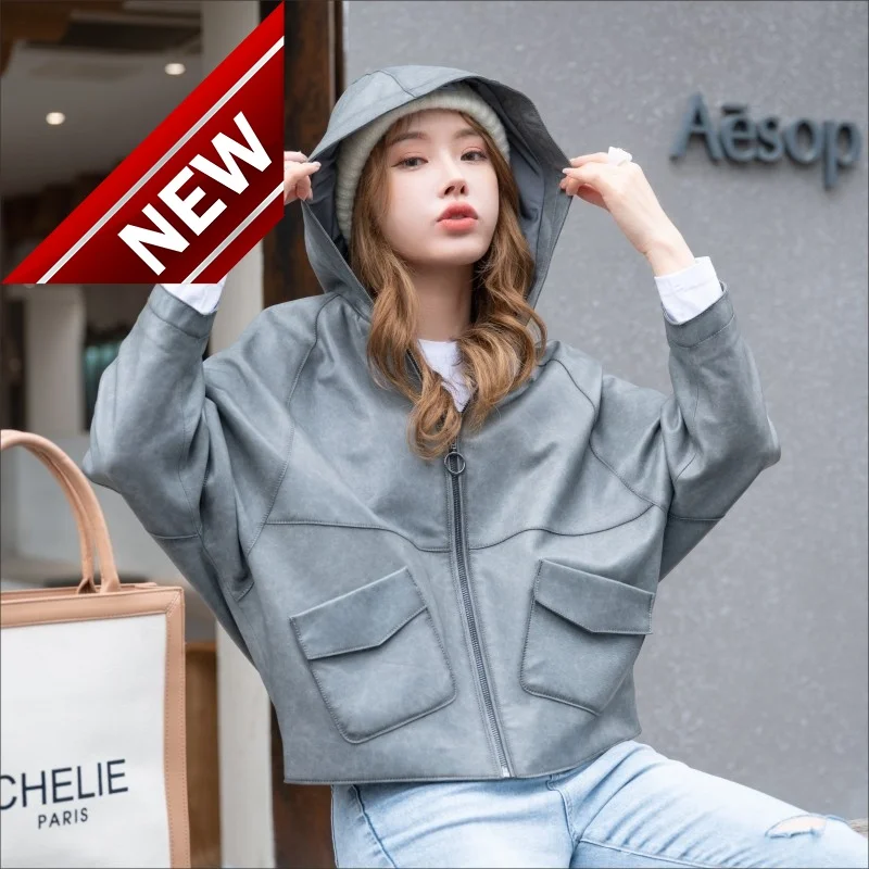 

Женская кожаная накидка с капюшоном, Повседневная Свободная куртка в Корейском стиле с рукавами «летучая мышь» на молнии, Весенняя верхняя одежда из натуральной овечьей кожи