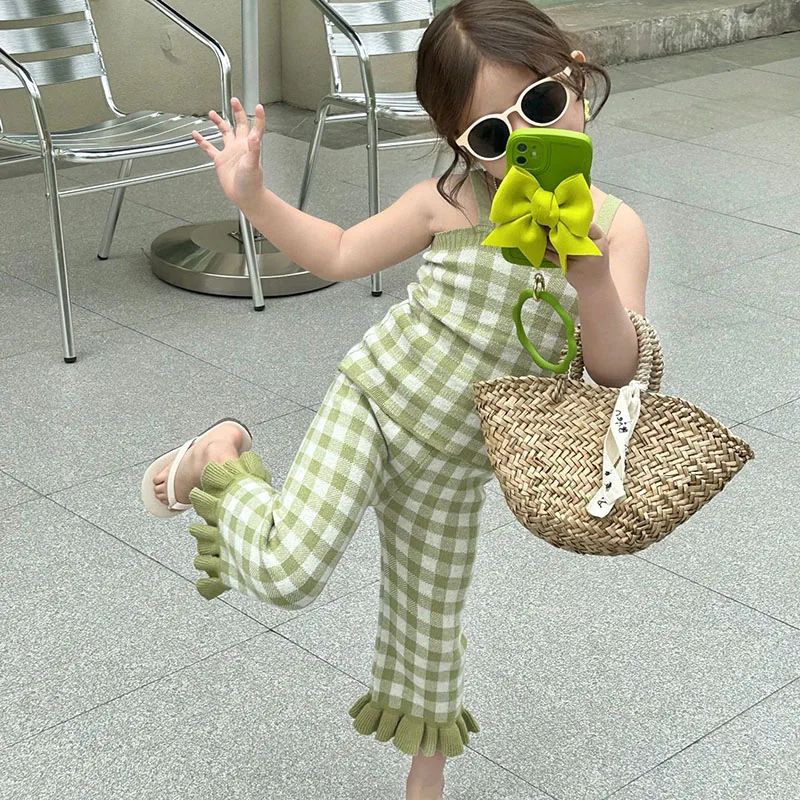 

2023 Summer New Children's Wear Korean girl's Wear Checkered Tank Top+Lace Flare Pants Woolen Set 2-39