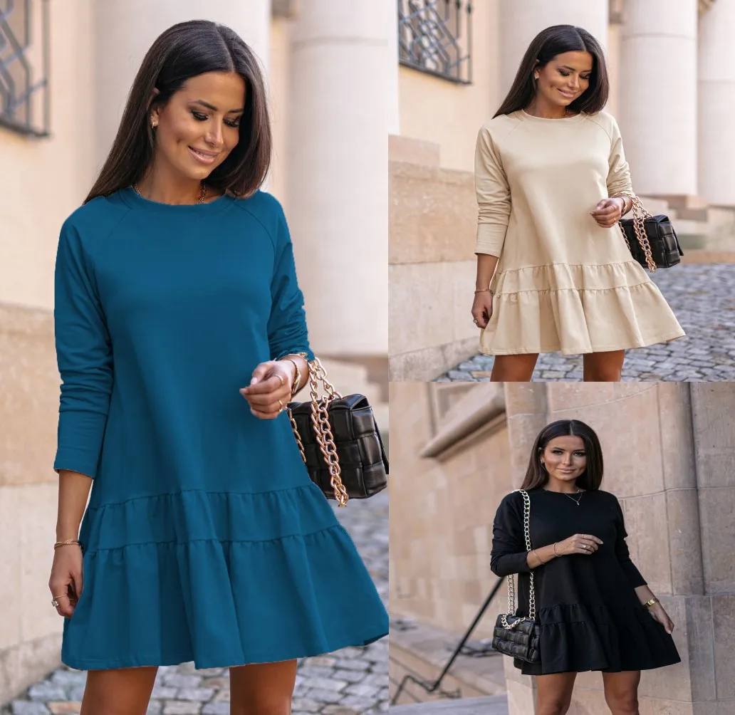 Dress for Women 2023 Winter SOLID Color Long Sleeve Sexy Dress Ladies Loose Round Neck Ruffled Dress