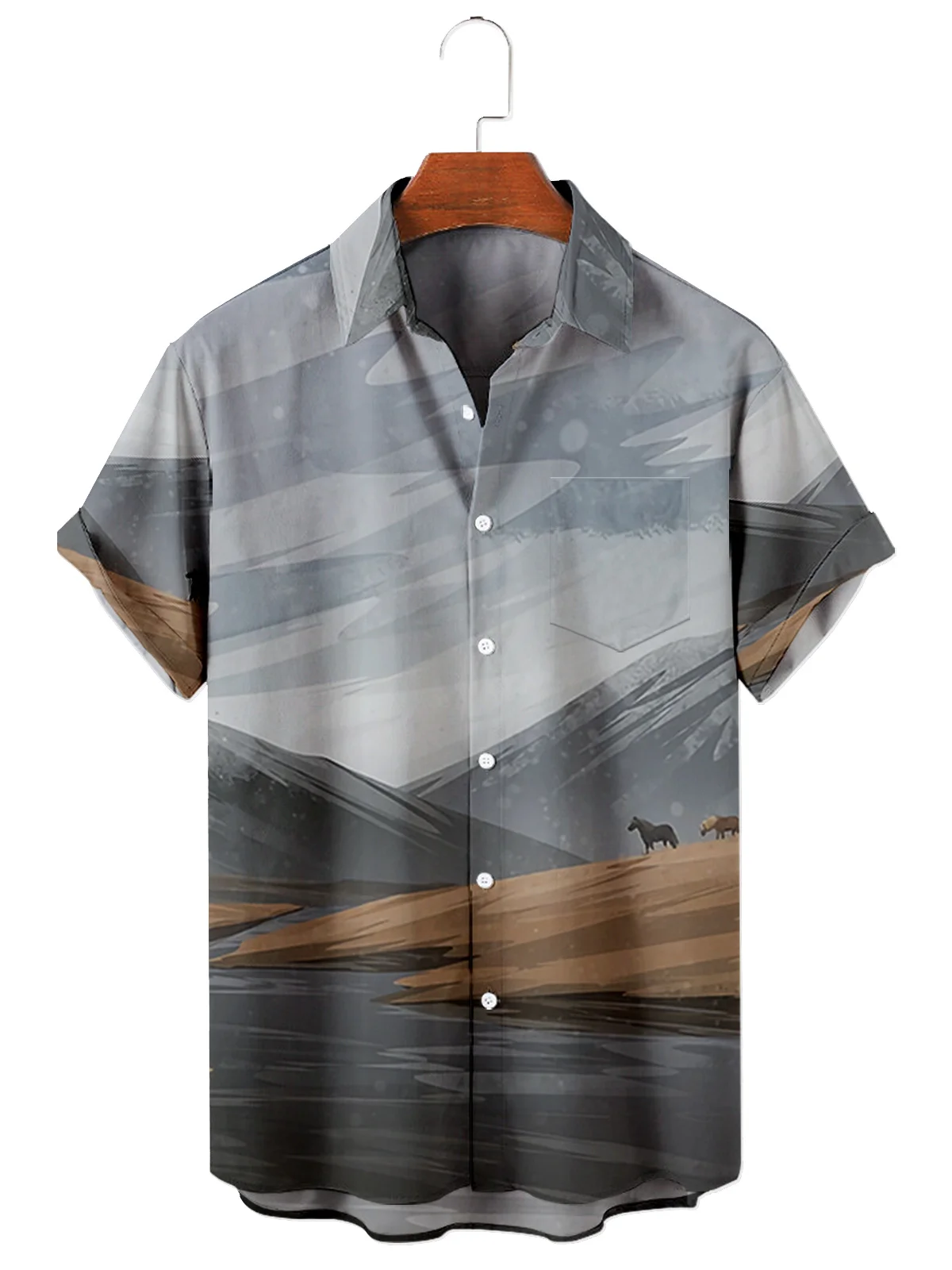 Summer 2022 Beach Casual Men's Short Sleeve Lapel Shirt Plus Size Mountain 1 3D Printed Men's Top with Pockets