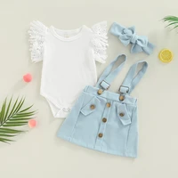 newborn baby girl three piece outfits flying sleeve solid color o neck romper suspender buttons shorts decorative hairband