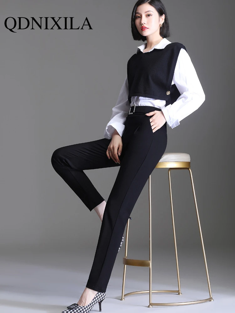 

Женские костюмы с широкими брюками, осенняя винтажная офисная одежда, прямые брюки, Элегантные Свободные повседневные женские брюки, уличная одежда для женщин