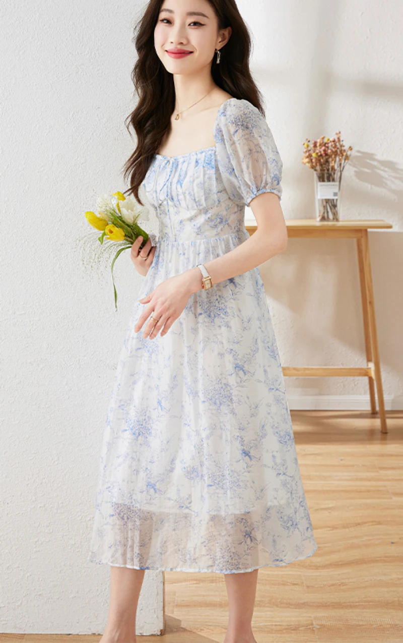 Женское шифоновое платье миди с квадратным вырезом элегантное французским