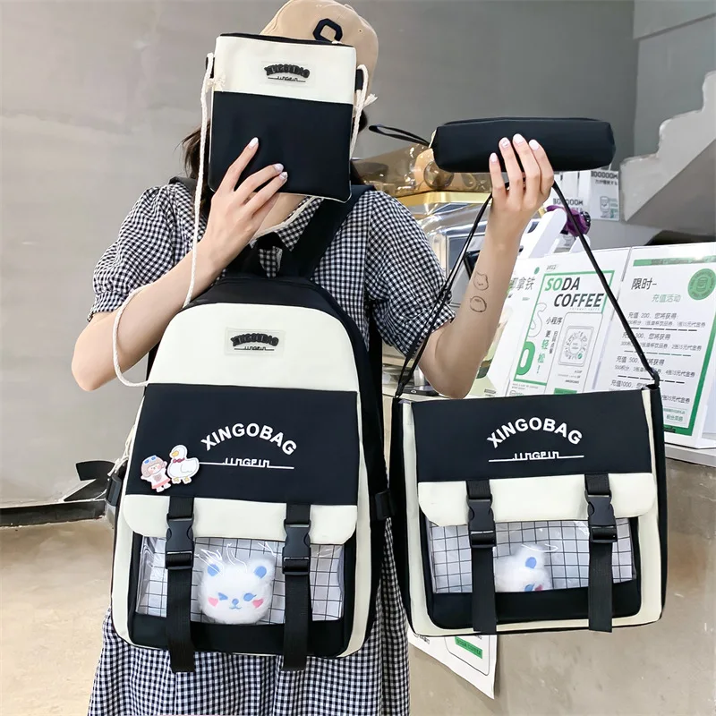 

2023 Women School Backpack 4 Pcs Set Fashion Nylon Cute Cat Book Bag Teenage Girl College Student Female Laptop Backpacks Campus