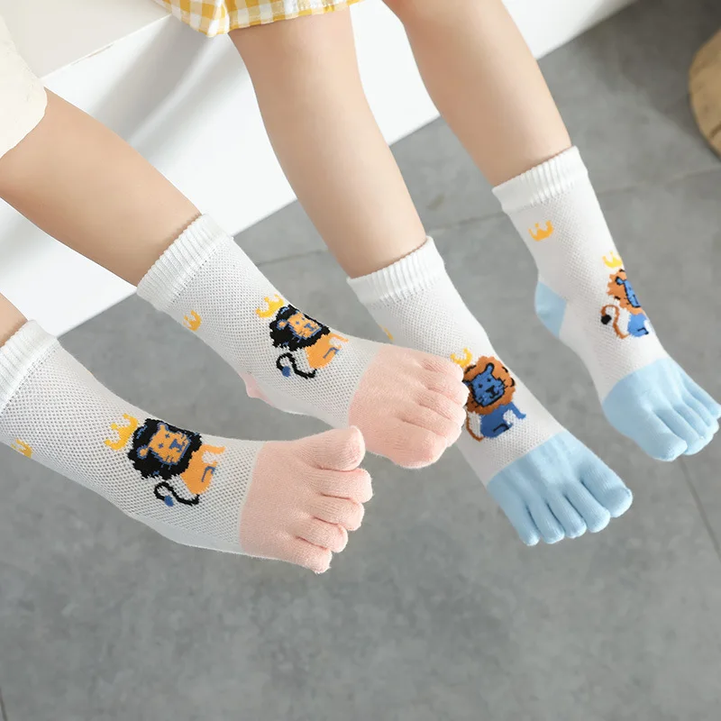 

5 Pairs Kids Cartoon Toe Socks for Baby Boys Girls Cute Lion Animal Socks Cotton Five Finger Spring Summer Mesh Breathable Socks