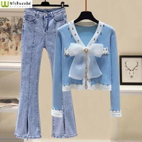 spring and summer womens suit 2022 new korean fashion casual bow knit top jeans two piece elegant womens pants suit