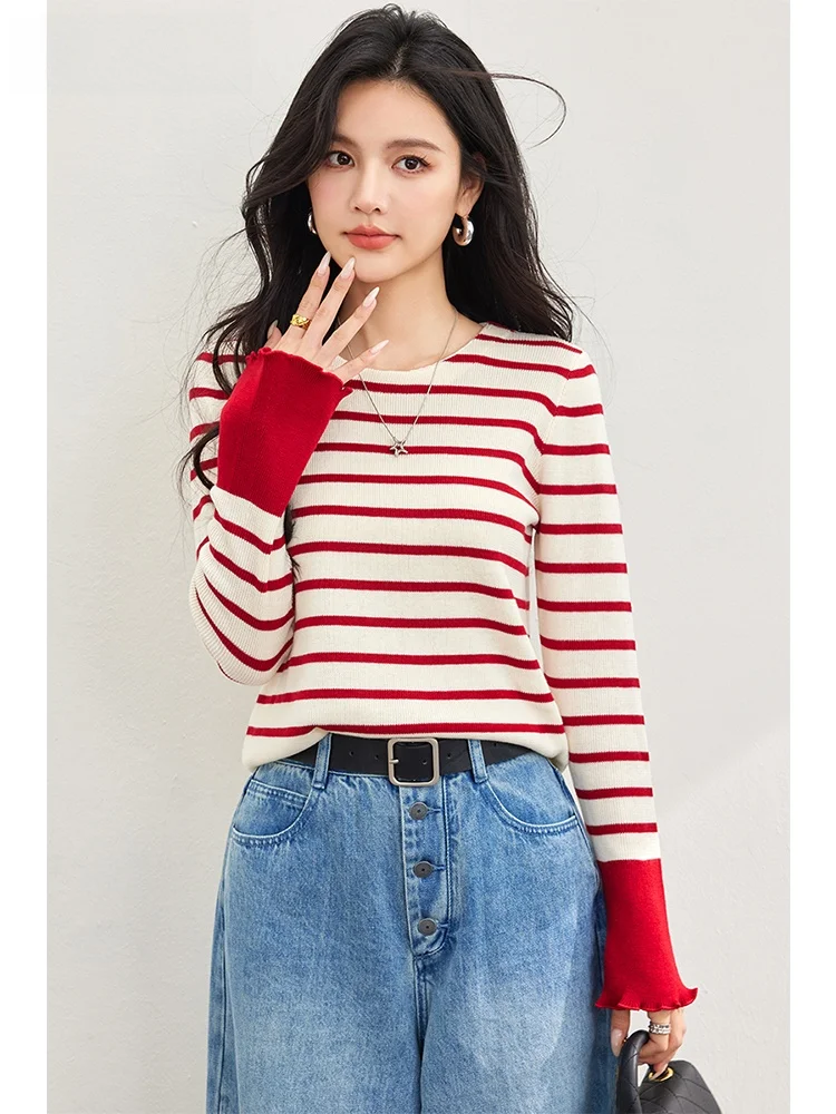 La Chabell 7 M2024 осенняя новая мода с круглым вырезом в полоску контрастного цвета