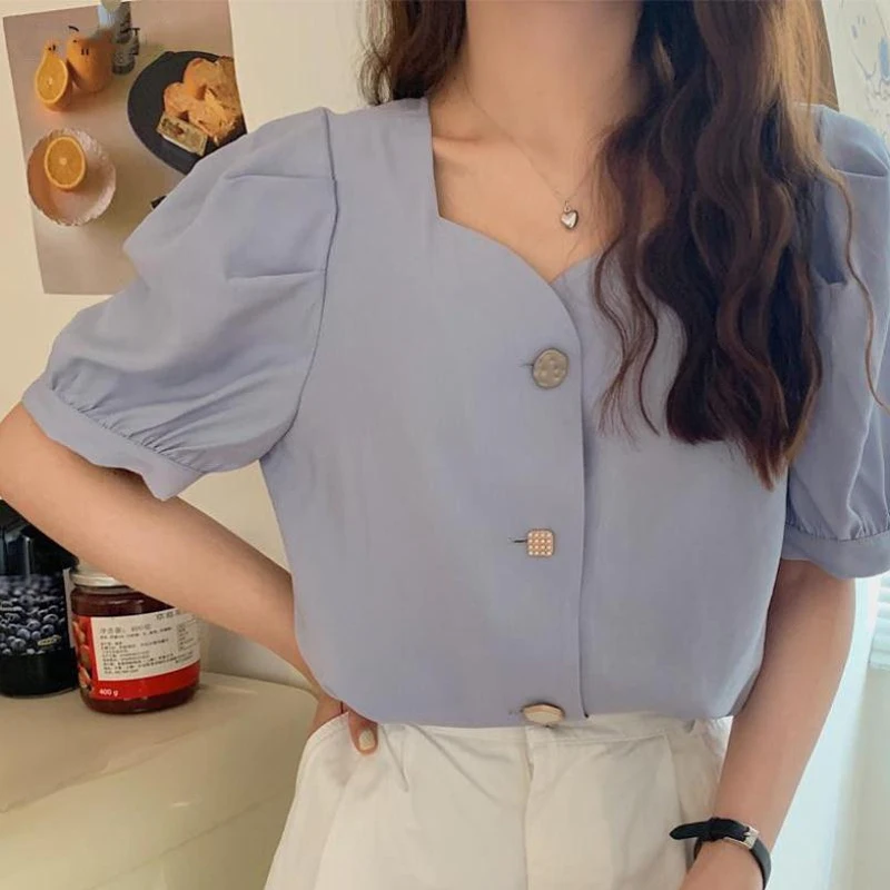 

Solid Women Shirt Korean Chic Square Collar Puff Sleeves Niche Top Female Summer Blue Elegant Short-sleeved Shirt Button Up 2022