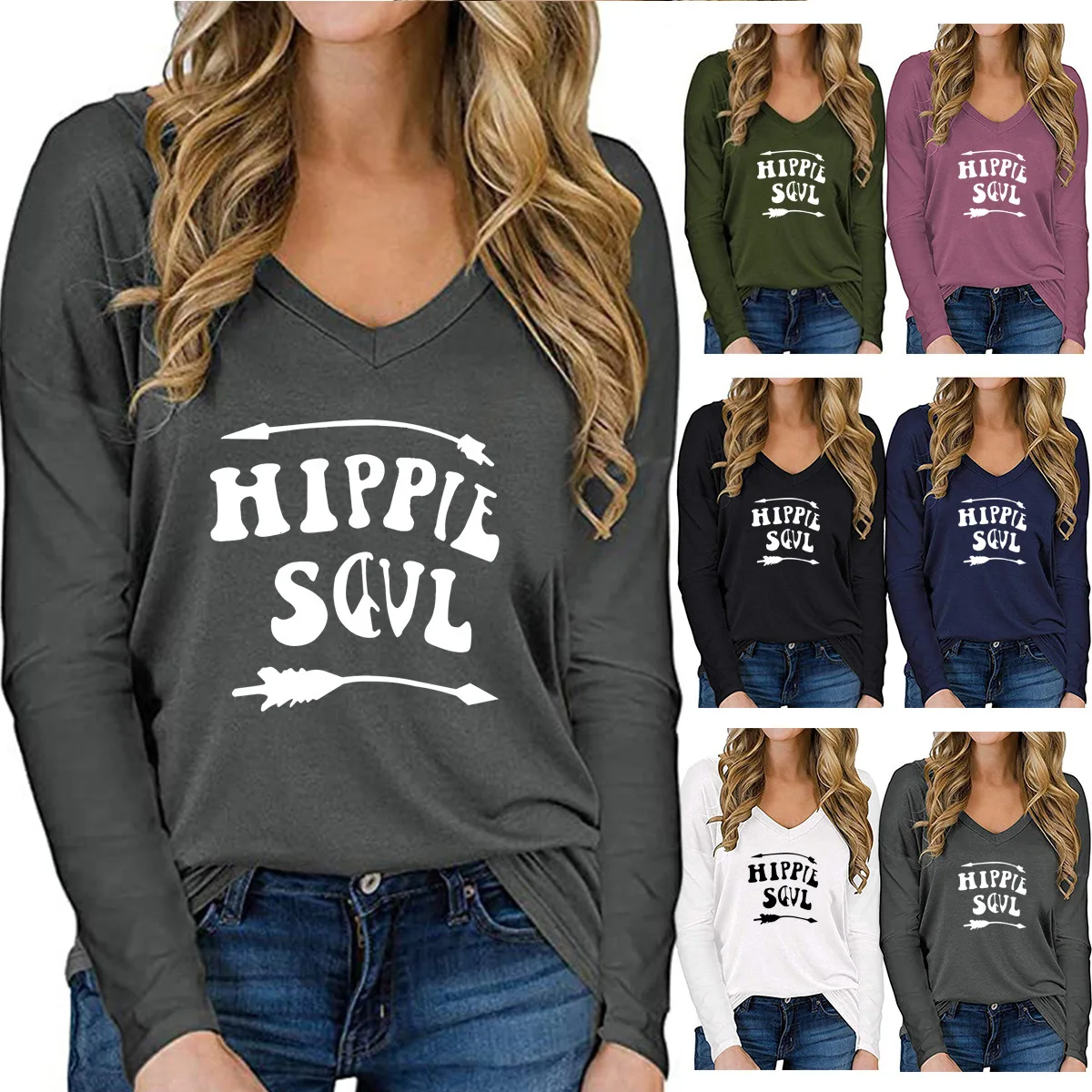 

2022 Fall Arrow Print V-Neck Long Sleeve T-Shirt Women