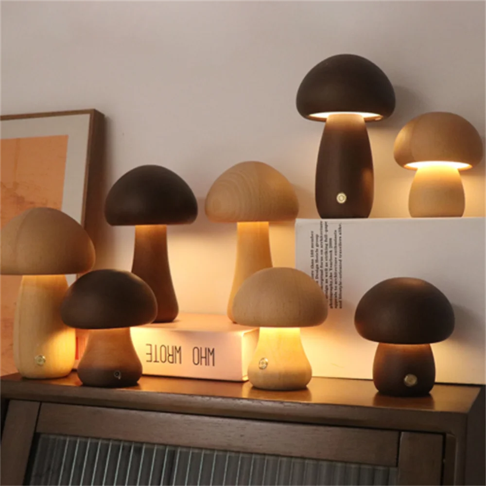 

LED Night Light With Touch Switch Wooden Cute Mushroom Bedside Table Lamp For Bedroom Childrens Room Sleeping Night Lamps
