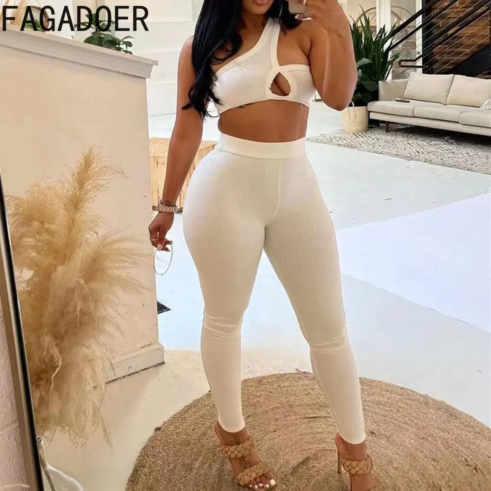 

FAGADOER Sexy Hollow Out Skinny Pants Two Piece Sets Women Sleeveless Crop Top + Legging Pants Outfits Fashion 2pcs Outfits 2023