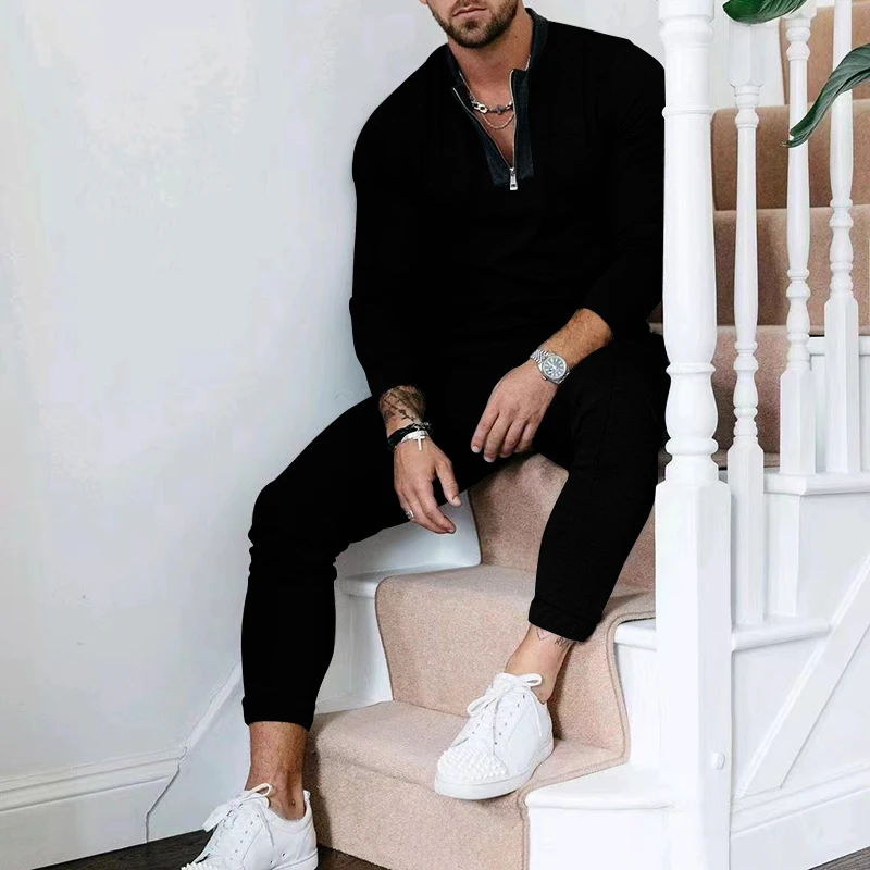 Men's Spring and Autumn New Trend Solid Round Neck Elastic Belt T-shirt Men's Casual Fashion Sportswear