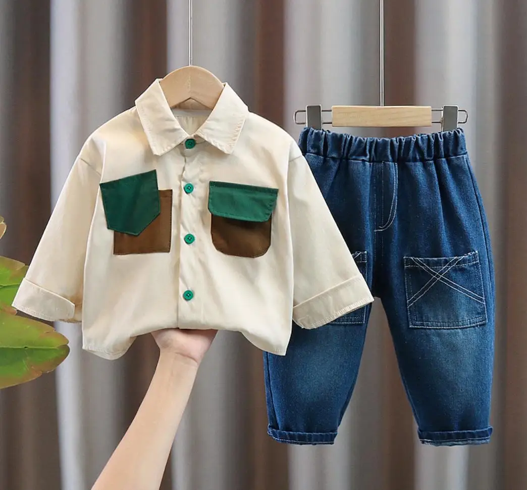 

Toddler Infant Outfits 2023 Autumn Designer Baby Boy Clothes 12 to 24 Months Pocket Color-block Long Sleeve Shirt+Jeans 2Pcs Set