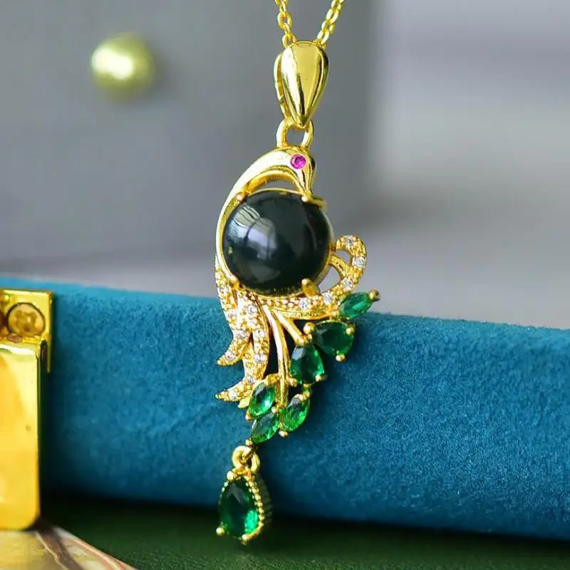 

Natural Black Jade Peacock Pendant With Zircon Ruby Emerald Phoenix Necklace Women Hetian Jades Fashion Charms Copper Jewellery