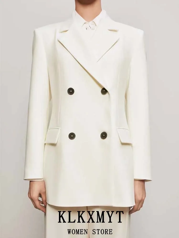 

KLKXMYT ZBZA 2022 Spring Women Blazer Coat Notched Long Sleeved Office Jacket Double Breasted Flap Pockets Causal Blazers Tops