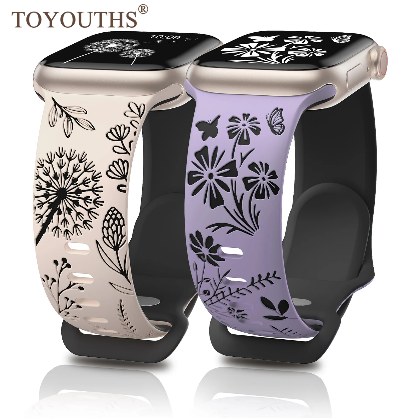 Ремешок двухцветный с цветочной гравировкой для Apple Watch band 40 мм 42 45 44 силиконовый