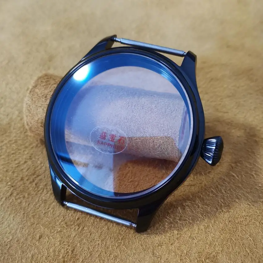 

Pilot black 44mm 316L Stainless steel watch case Diamond shaped crown sapphire crystal Blue coating Manual mechanical watch case