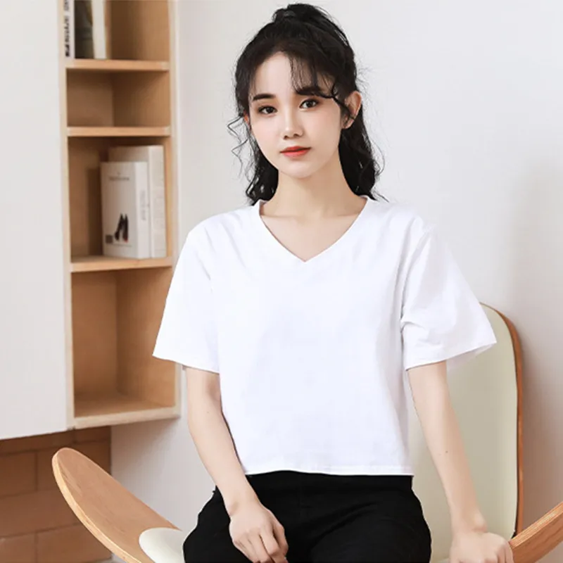 

Женская хлопковая Футболка с высокой талией, однотонная Повседневная Свободная футболка с коротким рукавом и V-образным вырезом, уличная од...