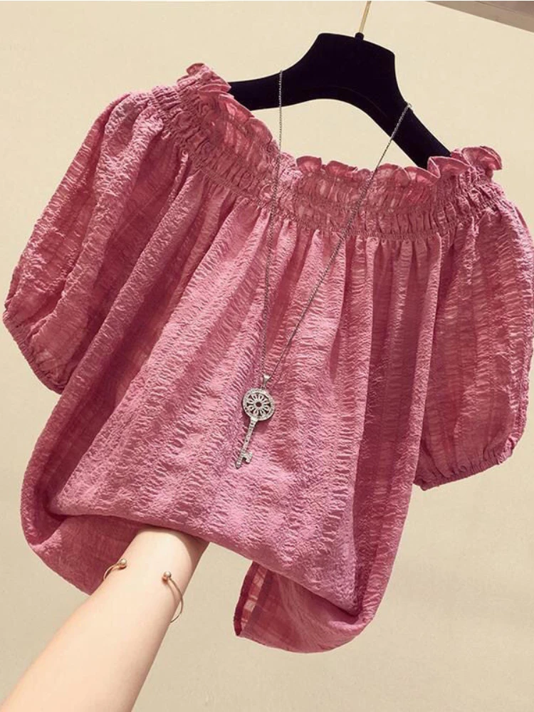 

Slash Neck Ruffles Folds Short Sleeve Chiffon Shirt Fashion Elegant Solid Color Commute Women Clothing Blouse Casual Pullovers