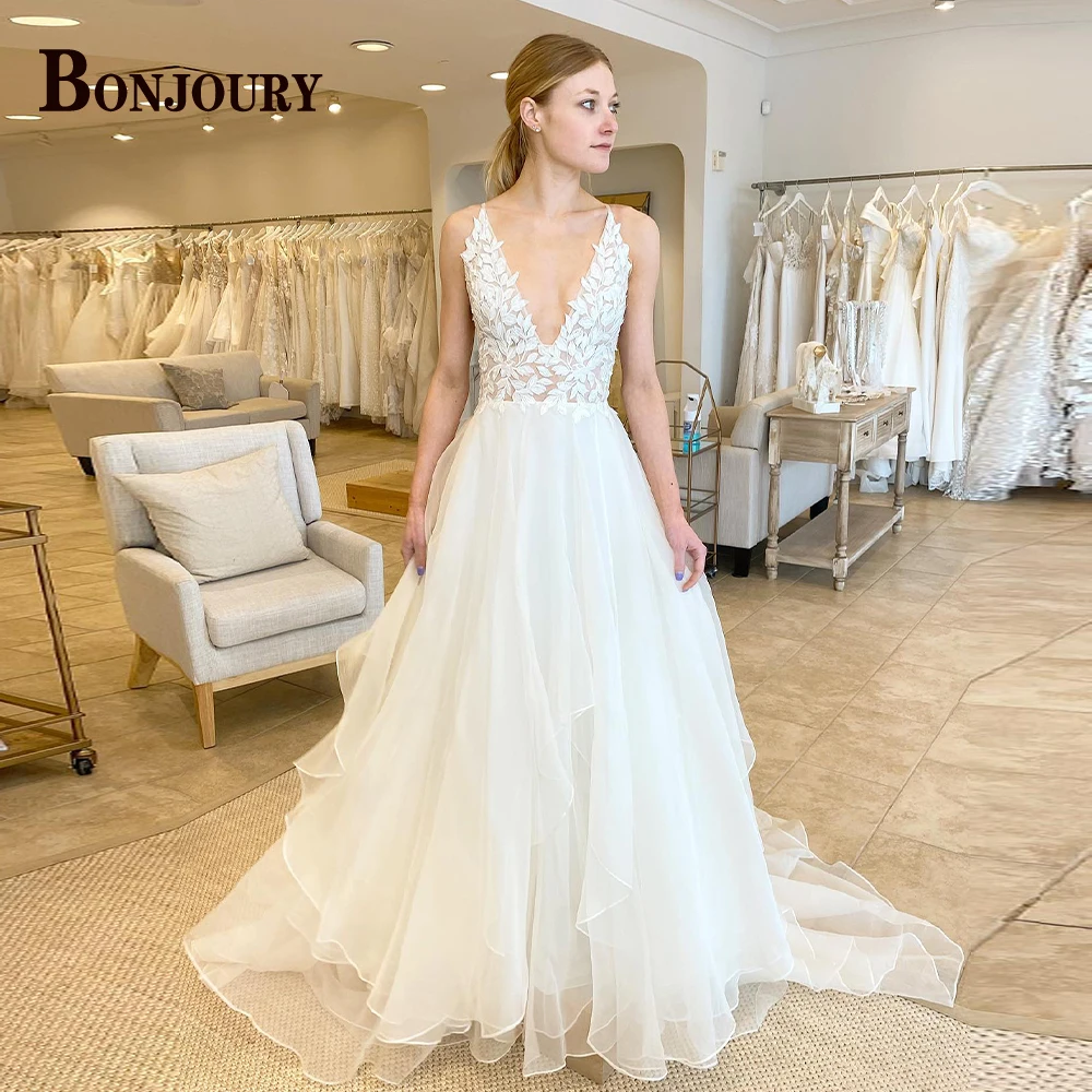 

BONJOURY Modern Wedding Dresses For Woman 2024 Bride V-neck Tiered Sleeveless Pleat A-line Vestidos De Noiva Made To Order