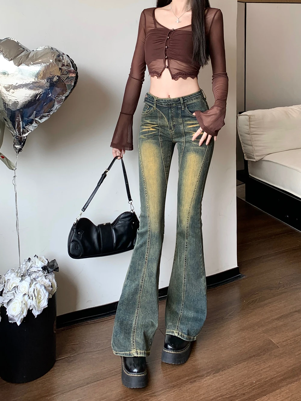 

Vintage Y2K Fashion Trends Sexy Street Girl Hot Chick Sense Of Design Low Waist Jeans Women's Pants Flared Trousers