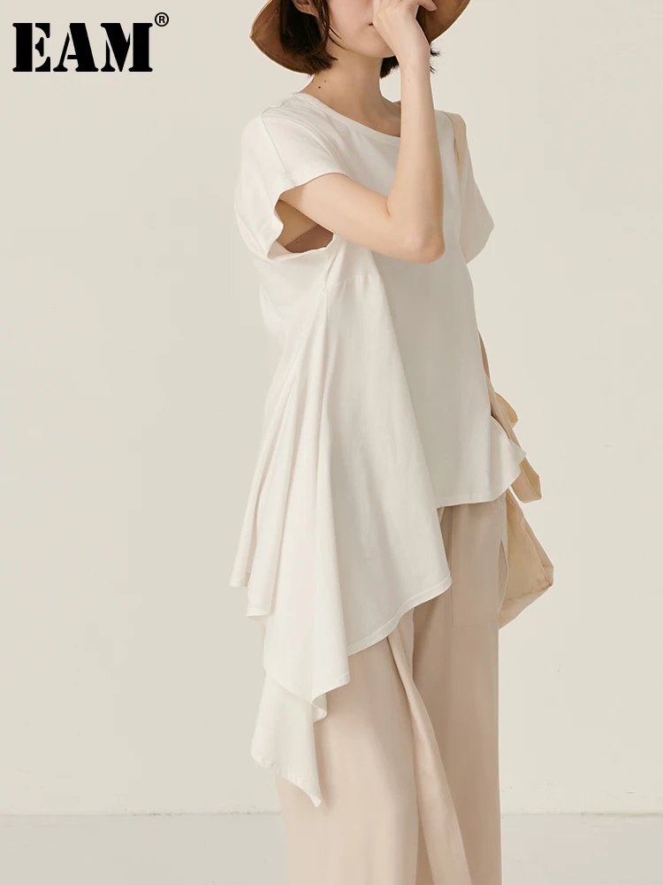 

[EAM] Women White Irregular Hem Big Size Casual T-shirt New Round Neck Short Sleeve Fashion Tide Spring Summer 2022 1DE8183