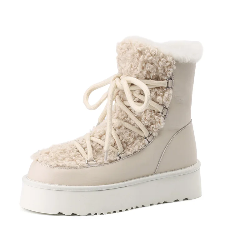 

Split Leather Wool Women Snow Boots Winter Black Beige Ladies Platform Ankle Boots Punk Woman Cross Strap Round Toe Wool Boots