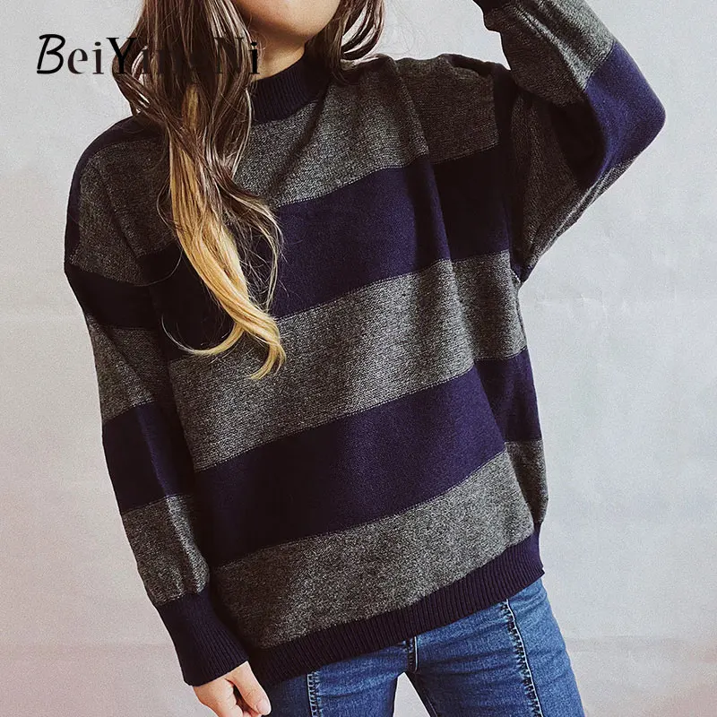 

Beiyingni Autumn Winter Women's Sweaters Wide Striped Spell Color O-neck Long Sleeve Femme Pullover Vintage Red Knitting Jumper
