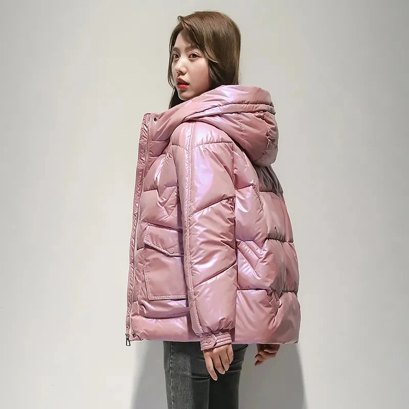 Fashion Glossy Stand Collar Snow Coat Women's Winter Warm Windproof Hooded Parkas Solid Warm Cotton Jacket Loose Zip Up Overcoat