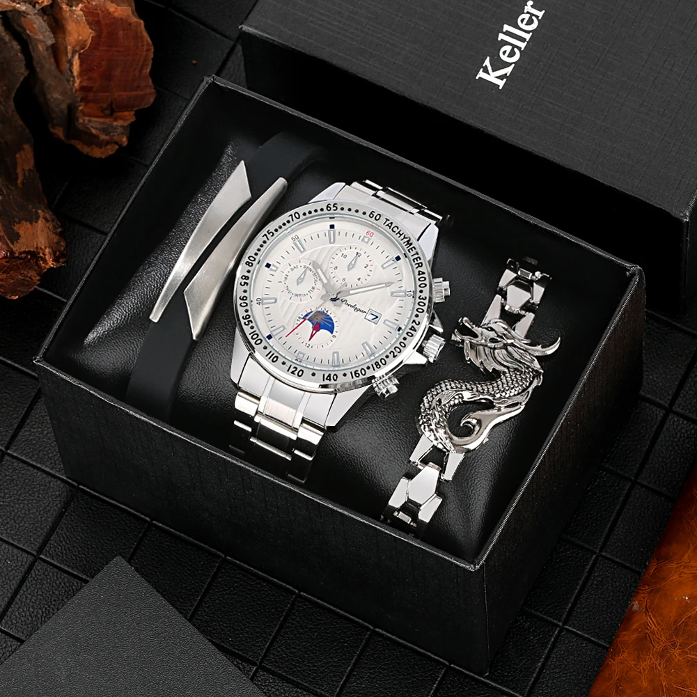 Original Gift Set for Men Date Quartz Full Steel Watch with Dragon Bracelet Practical New Year Gifts Box to Husband Father images - 6