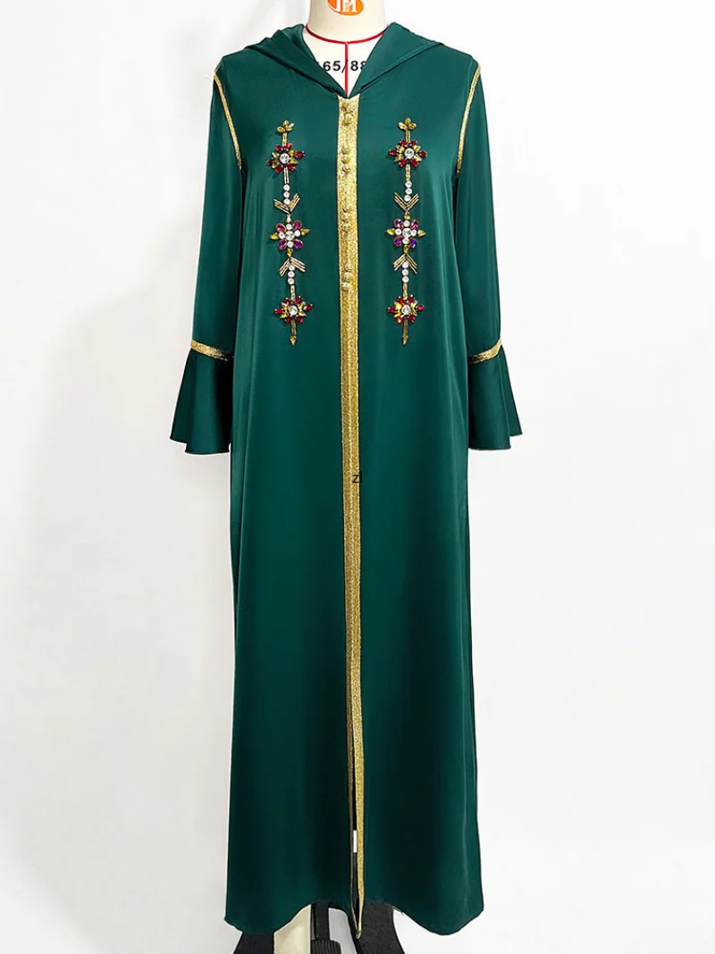 Moroccan Djellaba Party Kaftan Women Hooded Abaya Long Dress Handsewn Rhinestones Muslim Evening Dresses Gulf Jalabiya Abayas