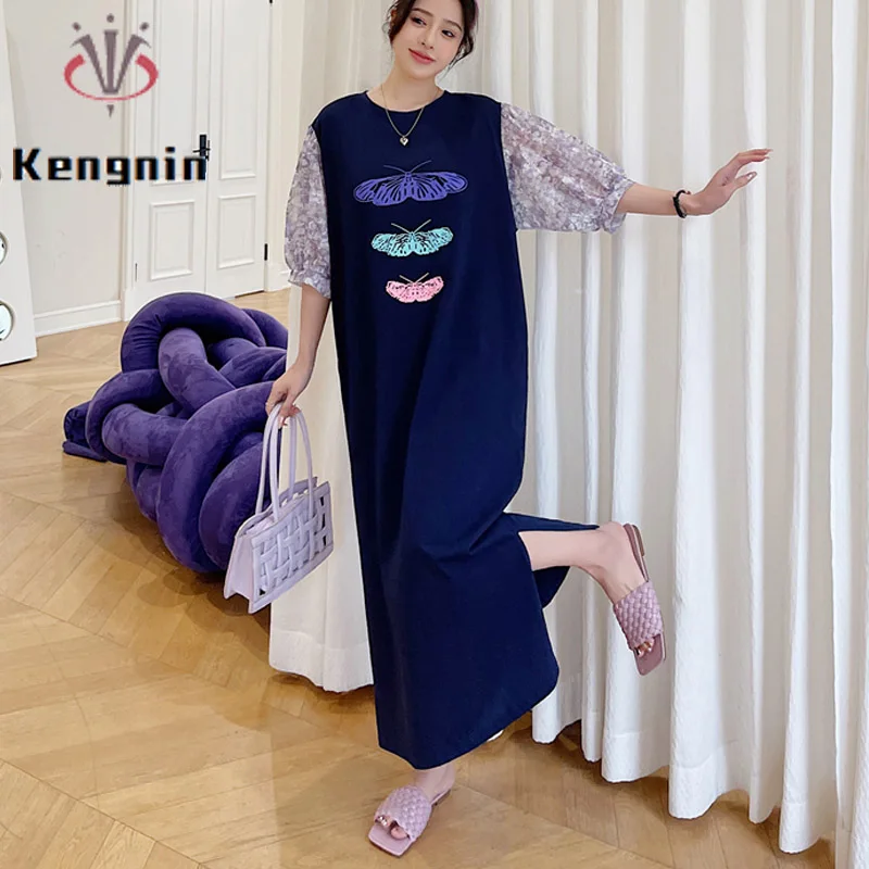

2023 Summer Loose Plus Size Women's Dresses Print Butterfly Patchwork Blue Dress Maxi-Long Lady Vestidos Casual Clothes KE3420