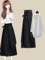 womens 2022 korea double pocket long sleeve cotton white top spring and autumn trend blouse new blouse skirt two piece suit